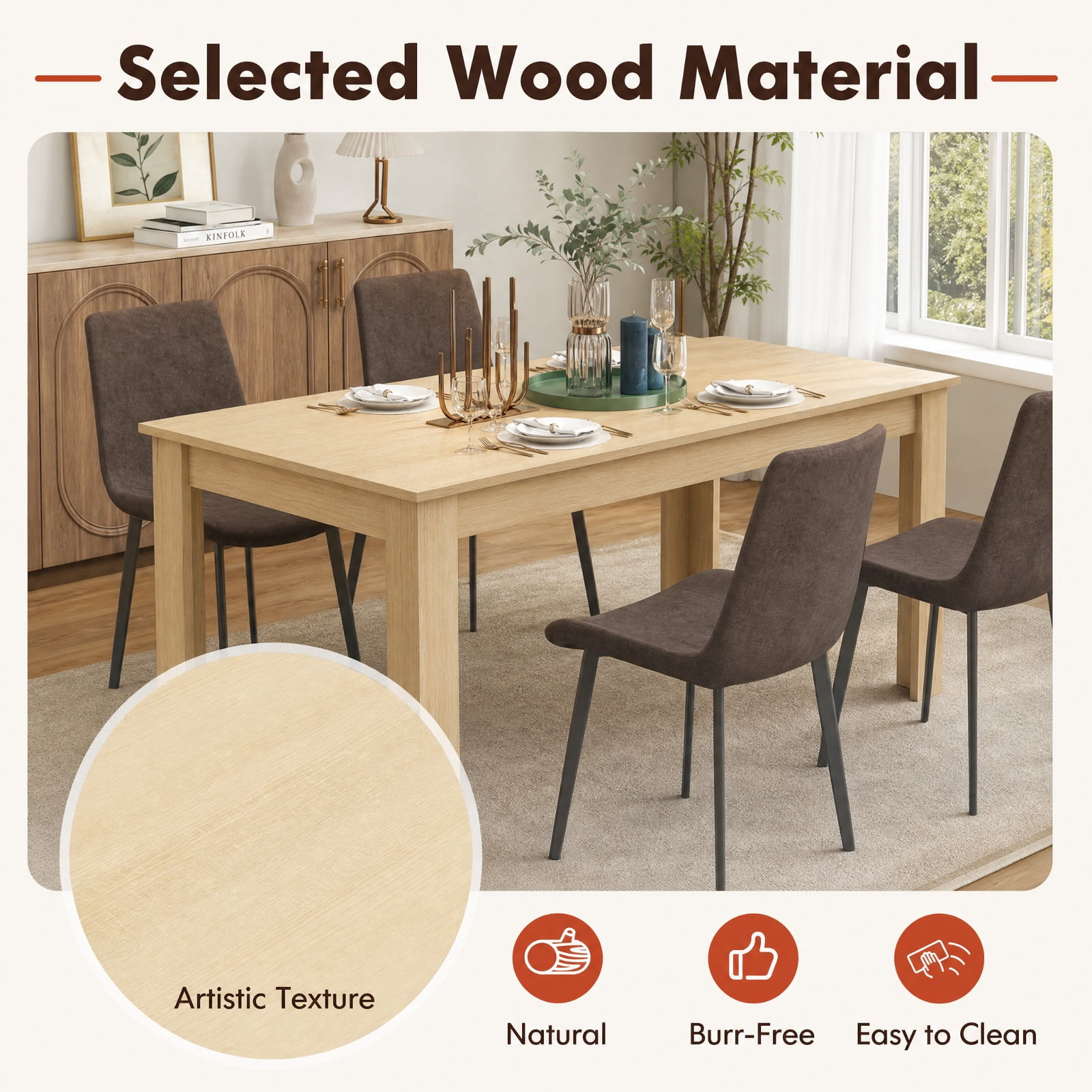 Furnibear 63 Inch Rectangular Modern Wood Dining Kitchen Table Seats 6 for Dining Room Kitchen Study Office Restaurant, Oak