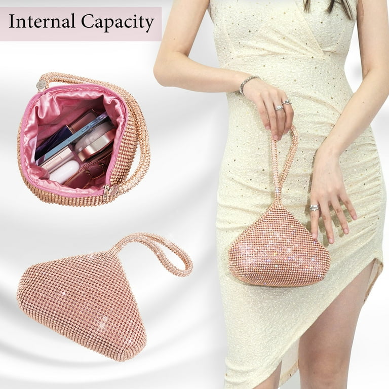 Loccbie Medium Size Rose Gold Clutch Rhinestone Evening Bags Sparkly Glitter Triangle Purse for Women Girls Bride Party Prom Cocktail Wedding