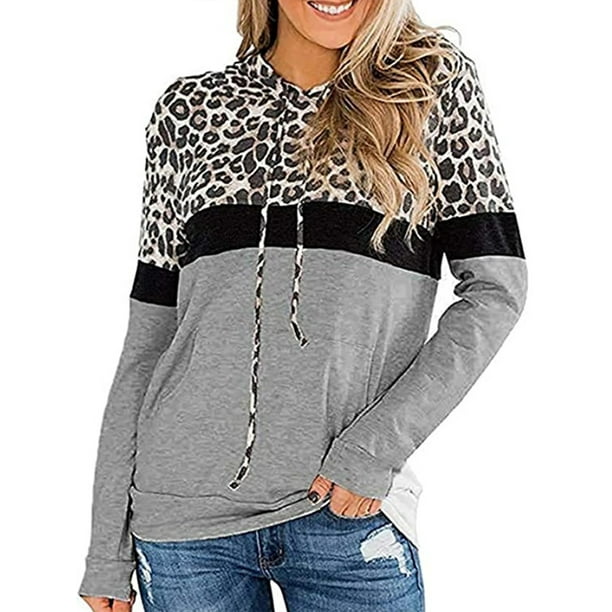 Wodstyle - Women Leopard Print Hooded Tops Sweatshirt Long Sleeve ...