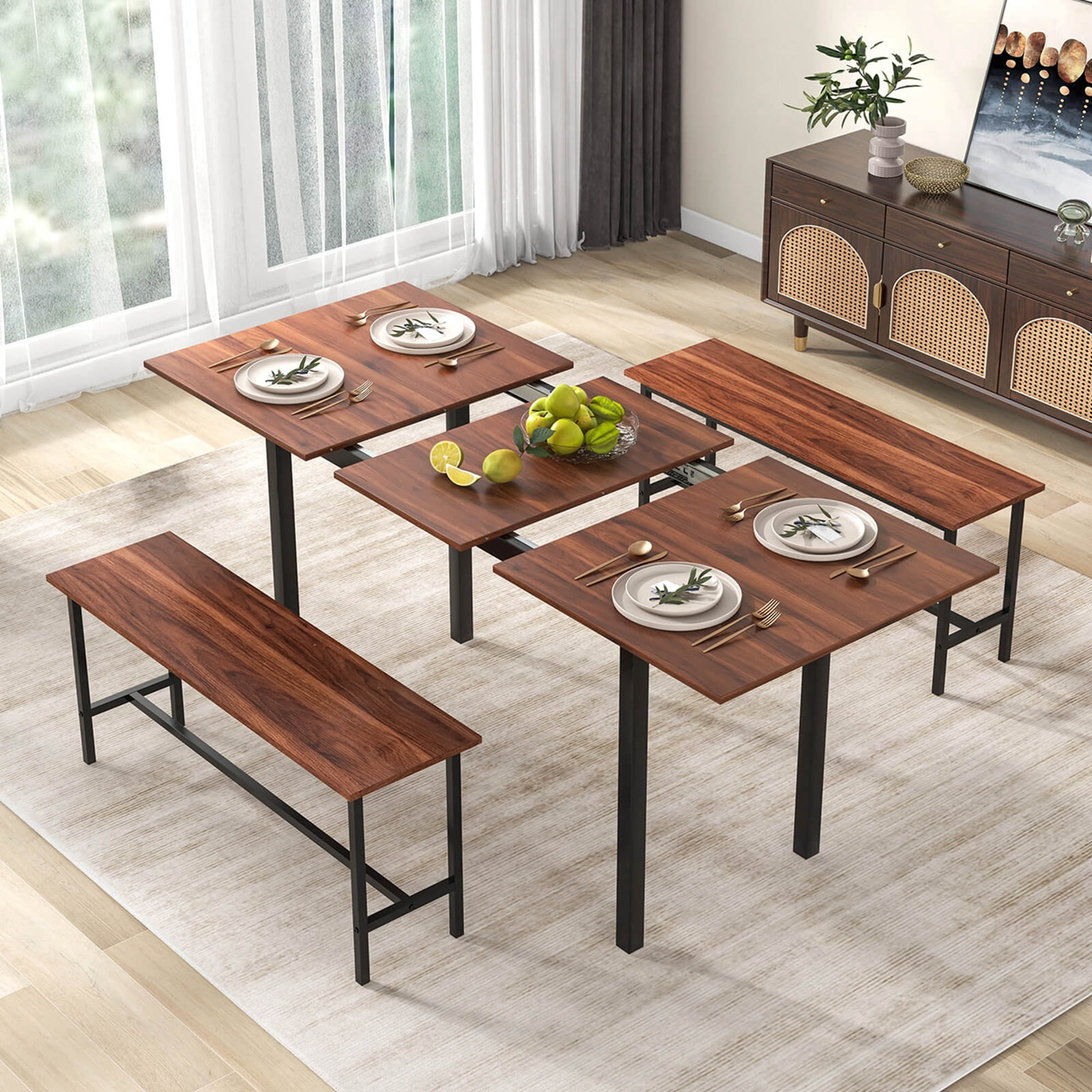 Costway 3 Piece Dining Table Set for 4-6  63"Kitchen Table with 2 Benches Metal Frame Walnut
