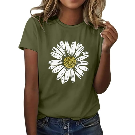 Tiqkatyck Graphic Tees for Women, Sunflower Summer T Shirt Plu Size Loose Blouse Tops Girl Short Sleeve Graphic Casual Tees T Shirts for Women Army Green L
