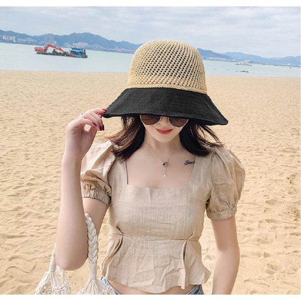 Hongchun Women's Floppy Sun Beach Straw Hat UPF 50+ (Black