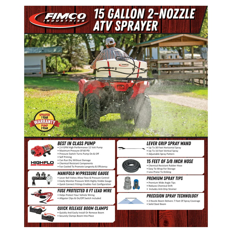 Fimco 5302318 15 Gallon ATV Sprayer; UV Resistant Polymer Tank, 2.4 GPM High FLO Pump, Steel 2 Nozzle Spraying boom, TeeJet Tips & Lever Grip Handgun