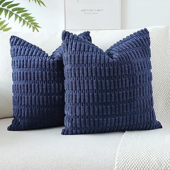Eryueer Set of 2 Corduroy Soft Striped Cushion Covers 45x45 cm Decorative Throw Pillow Covers Square Cushion Case Home Boho Decor Pillow Cases for Couch Sofa Bedroom 18x18 Inch (Navy Blue)