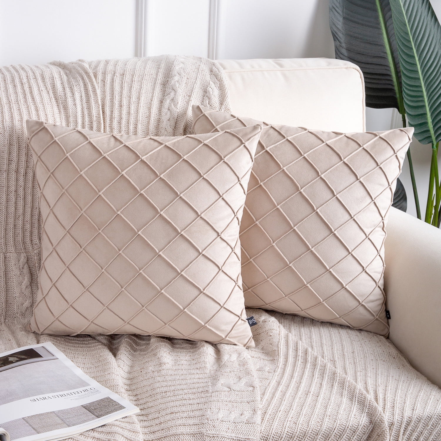 Phantoscope 18"x18" Velvet Pleated Checker Decorative Pillow, Beige