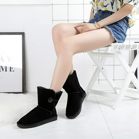 

Round Toe Button Winter Snow Boots Solid Color Non-slip Faux Fur Lined Ankle Boots Women s Footwear
