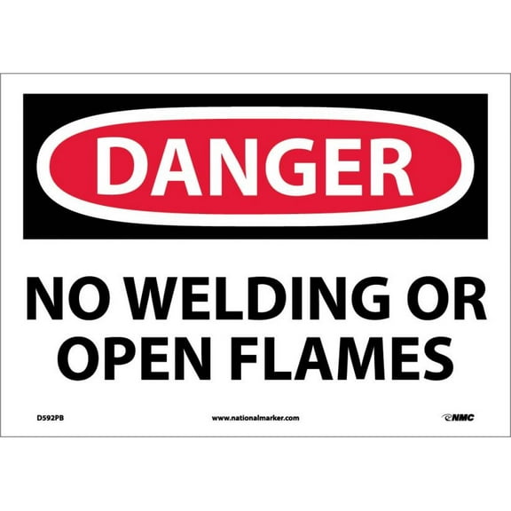 nmc d592pb osha sign, legend "danger - no welding or open flames", 14" length x 10" height, pressure sensitive vinyl, black/red on white
