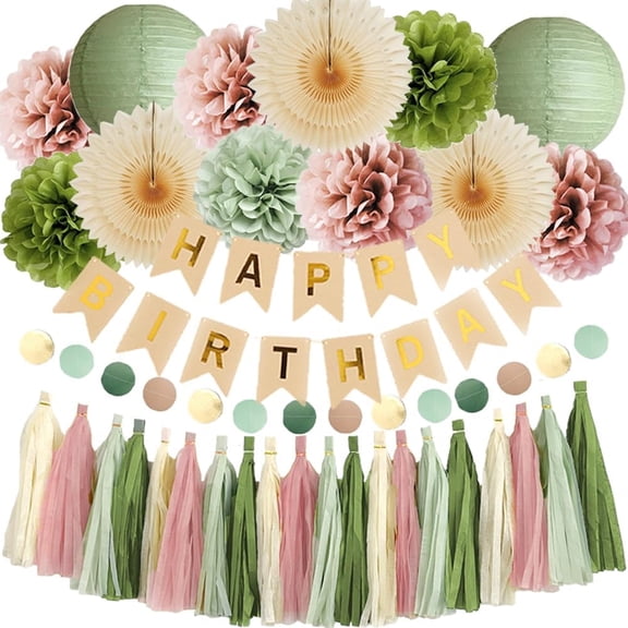 BZCOE Olive Green and Pink Birthday Decorations Sage Green and Dusty Pink Birthday Decorations Dusty Rose Pom Poms Boho Sage Green Birthday Party Decorations with Green Pink Tassel Garland