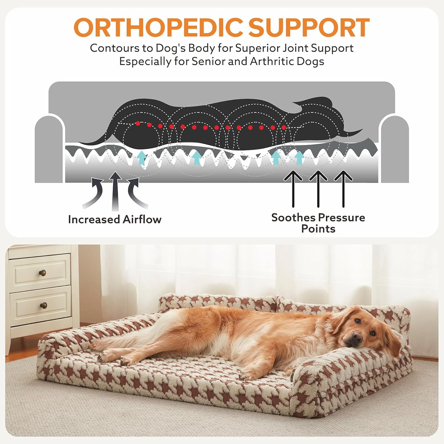Orthopedic Dog Beds Large Sized Dog, XL Washable Memory Foam Pet Couch Bed with Removable Washable Cover, Non-Slip Bottom with Bolster Sides, Brown