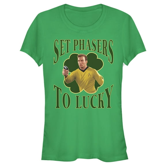 Junior's Star Trek: The Original Series St. Patrick's Day Captain Kirk Set Phasers to Lucky  Graphic Tee Kelly Green Large
