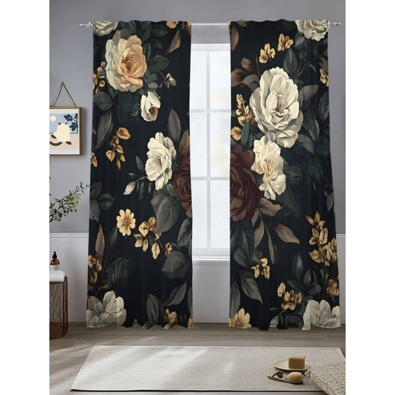 Vintage Black Floral Sheer Curtains for Living Room Bedroom Spring Seasonal Botanical Blooms Sheer Curtains 108 Inch Long 2 Panels Set Light Filtering Curtain Window Treatments Drapes for Dining Room