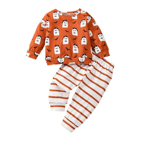 

Amuver Baby Boys Halloween Outfits Long Sleeve Crew Neck Ghost Bat Print T-shirt with Striped Pants