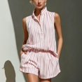 thumbnail image 2 of Clossjun Striped Two Piece Set for Women Spring Summer Casual V Neck Button Sleeveless Top Elastic Waist Shorts Sets, 2 of 7