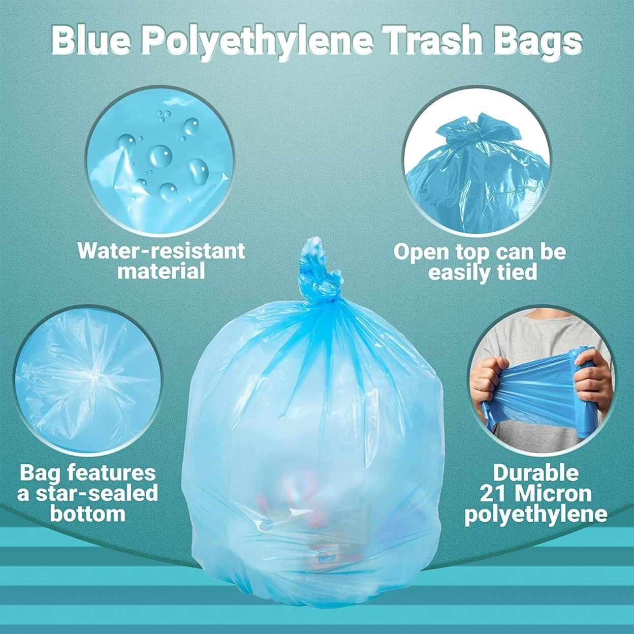 250 Pack Blue HDPE Trash Can Liners 30" x 48" 75–100 LB Ultra Thin 21 Micron