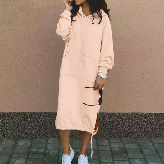 EGNMCR Robes de Fête pour Femmes Robe Ample à Manches Longues Col en V Couleur Unie avec Capuche