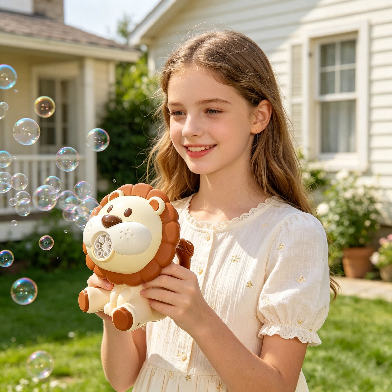 Lion Bubble Blowing Machine Push Cart, USB Rechargeable Automatic Bubble Blower with 100ml Bubble Solution, Handheld Outdoor Bubble Maker for Party Garden Lawn Activities (Brown)