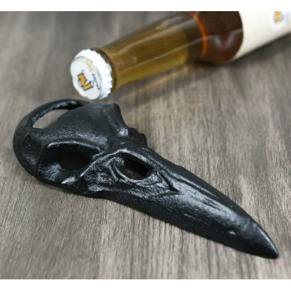 Cast Iron Black Harbinger Of Doom Raven Crow Skull Hand Bottle Cap Opener