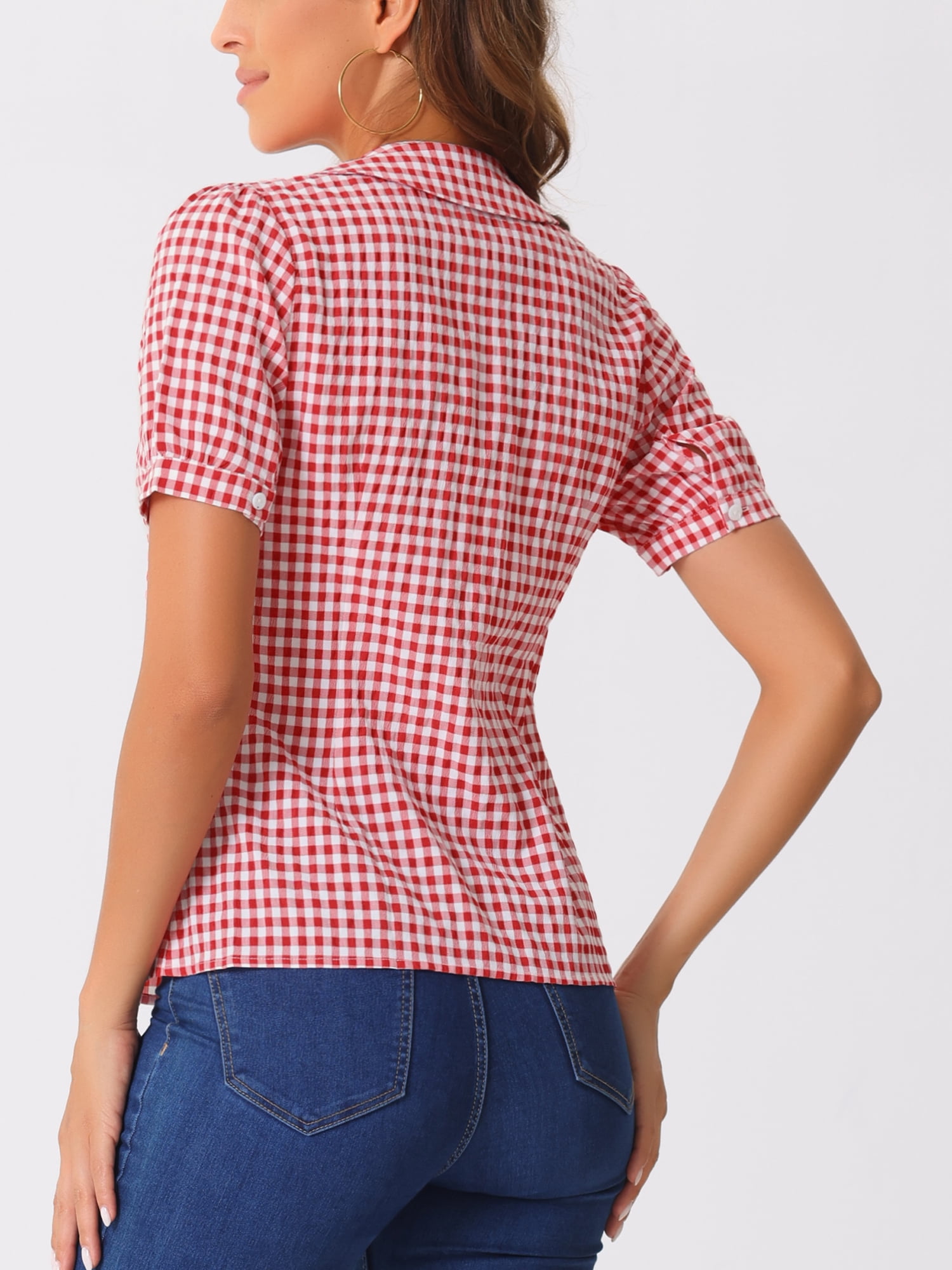 DARING DIVA Women's Plaid Button Down Puff Peter Pan Collar Shirt S Red