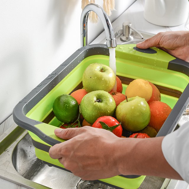 Tabla de cortar plegable, tabla de cortar multifuncional 3 en 1 que ahorra espacio, cesta para contenedores de frutas y verduras, cesta de lavado y drenaje para camping, picnic y cocina, XL ER