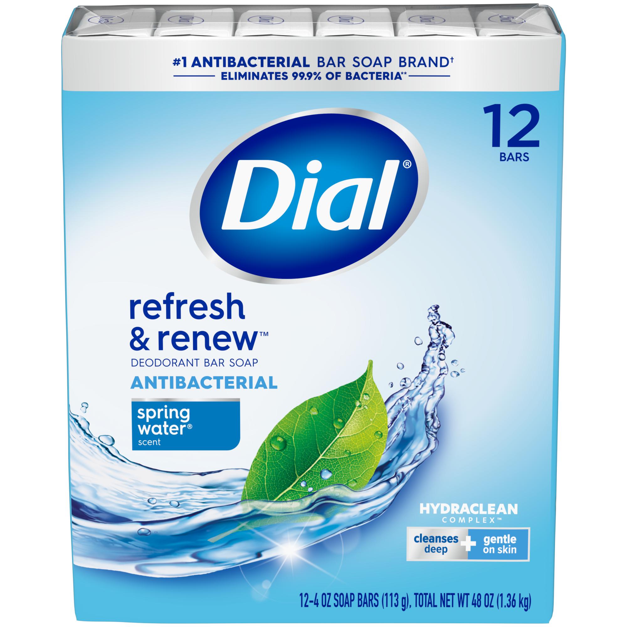 Dial Antibacterial Bar Soap, Refresh  Renew, Spring Water, oz, 12 Bars 