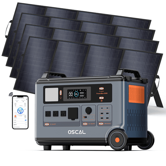 OSCAL Promax6000 6000W Whole House LiFePO4 Solar Generator, 3600Wh Expandable Portable Power Station with 4x400W Solar Panels, 120V/240V Dual Voltage for Home Emergency Backup