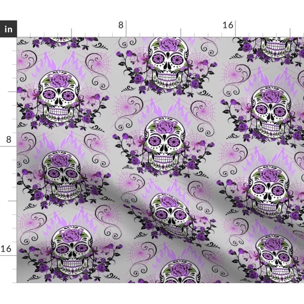 Sugar Skulls Skull Mexican Purple Gray Spider Fabric Printed by