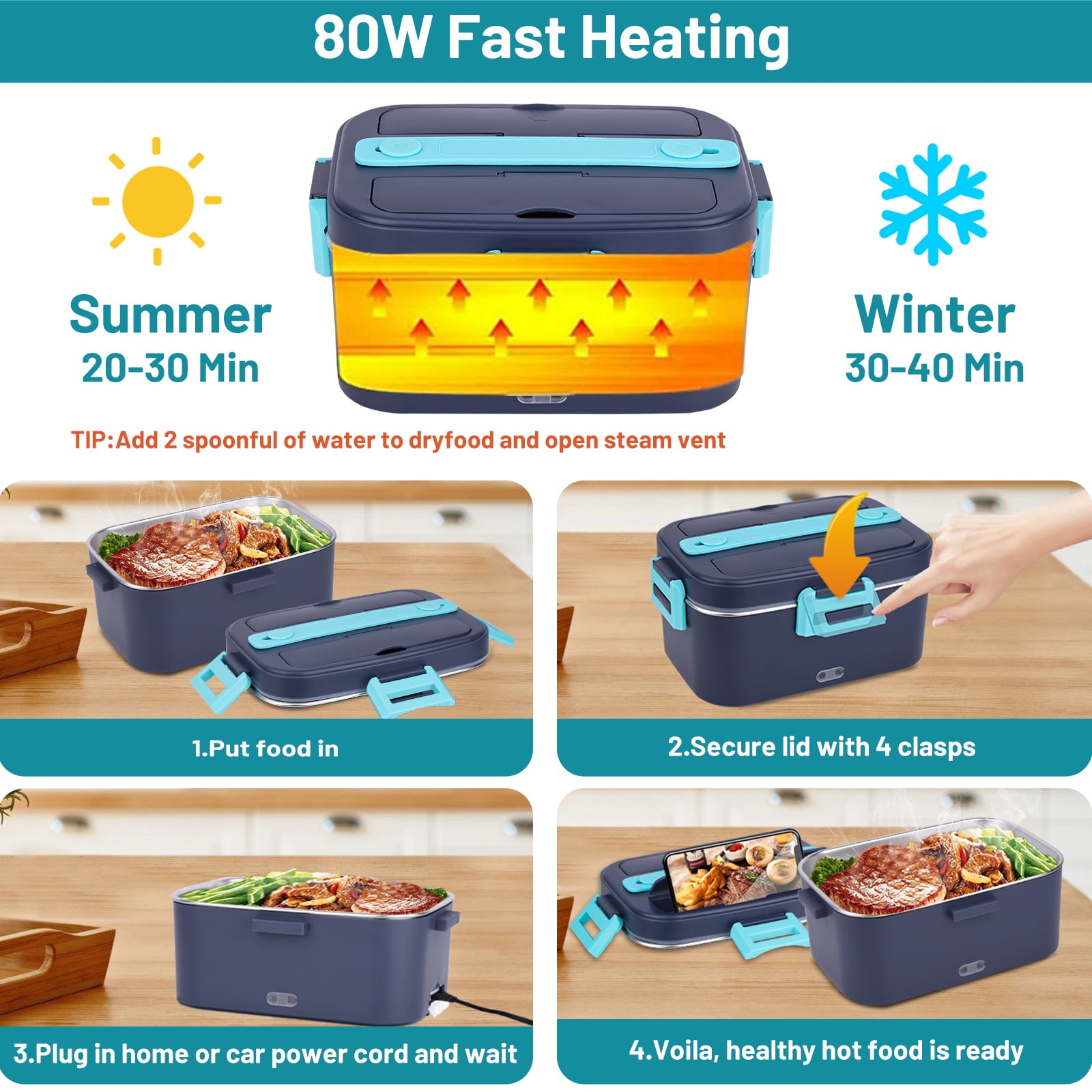 Electric Lunch Box Food Heater, 80W Heated Lunchbox for Adults, Portable Food Warmer with 1.8L Stainless Steel Container/Fork/Spoon for Car Office School, 2 Compartments with Carry Bag 12V-24V 110V