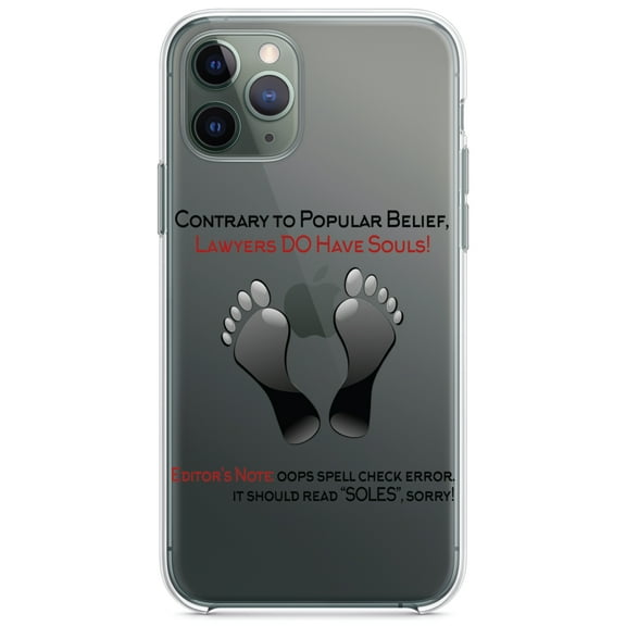 DistinctInk Clear Shockproof Hybrid Case for iPhone 12 / 12 PRO (6.1" Screen) - TPU Bumper Acrylic Back Tempered Glass Screen Protector - Lawyers DO Have Souls Oops Soles