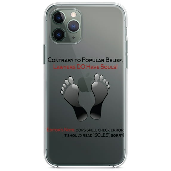 DistinctInk Clear Shockproof Hybrid Case for iPhone 11 (6.1" Screen) - TPU Bumper Acrylic Back Tempered Glass Screen Protector - Lawyers DO Have Souls Oops Soles