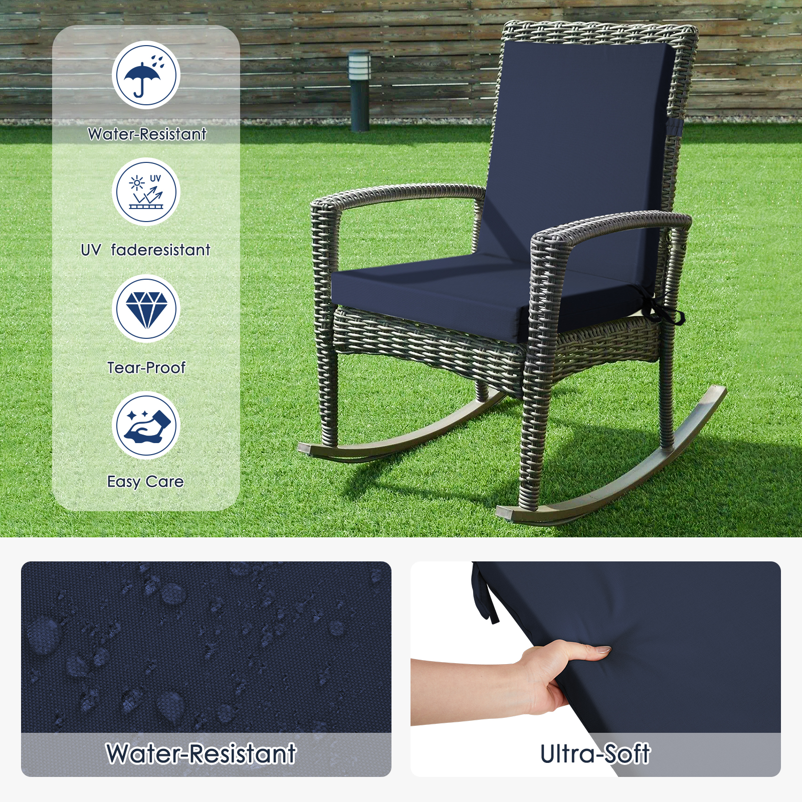 Outdoor Chair Cushions, Thick Patio Seat Cushions Outdoor Chair Pads, 42"L x 18"W Rectangle Waterproof Outdoor Chair Cushion Garden Sofa Couch Chair Pads, Premium Comfortable, Dark Blue