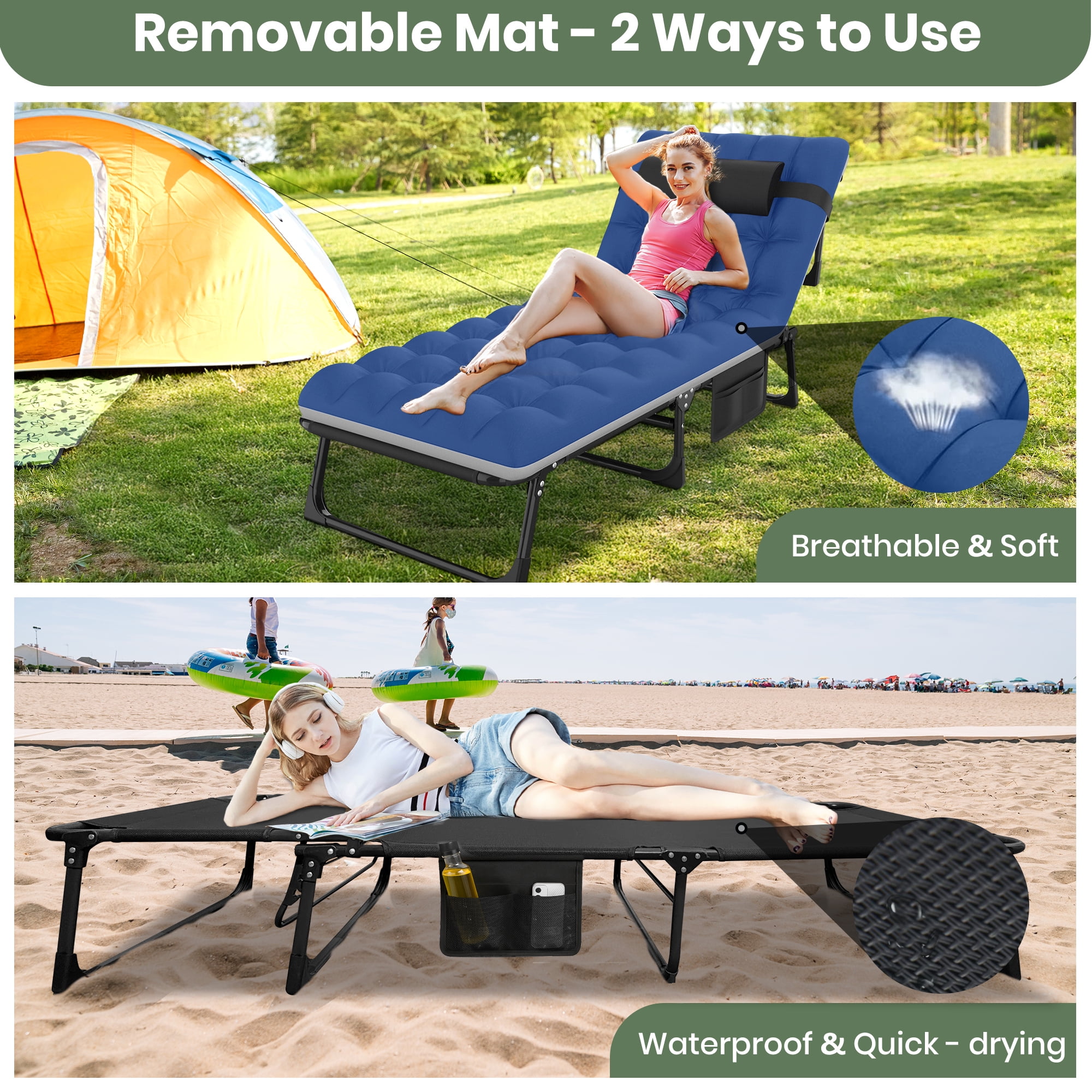 Gvdv Portable Folding Camping Cot with Mattress, 29" Wide Multi-Position Folding Chaise Lounge Chair, Oversized Folding Bed Sleep Cot for Outdoor, Home, Office