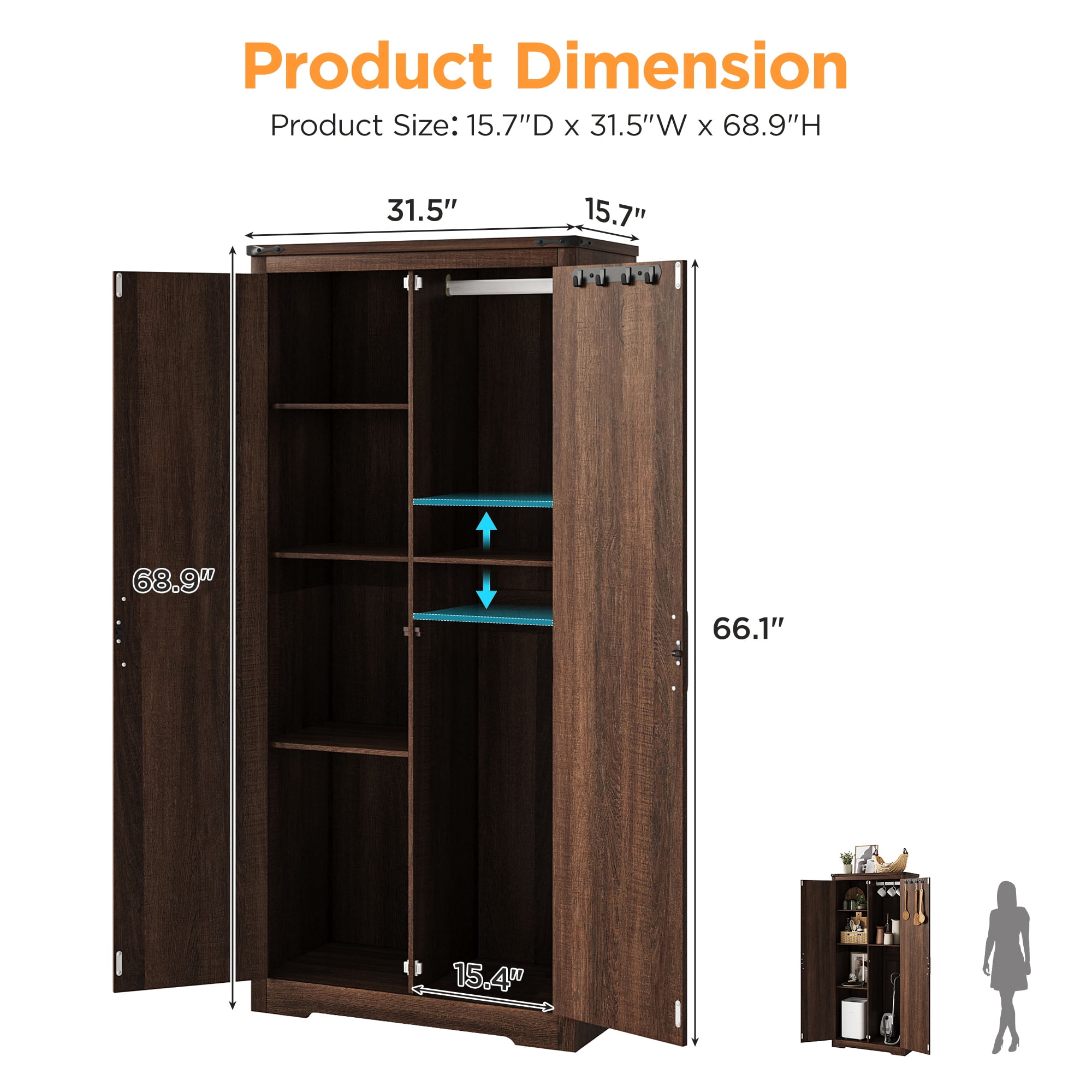 72"H Farmhouse Storage Cabinet with Adjustable Shelves, Large Pantry Organize with 2 Barn Doors, Tall Freestanding Cabinet for Kitchen, Bathroom/Garage/Basement/Living/Utility Room