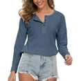 thumbnail image 3 of Button Up Waffle Top V Neck Breathable Knit Casual Loose Long Sleeve Tunic Top for Women Denim Blue M, 3 of 7