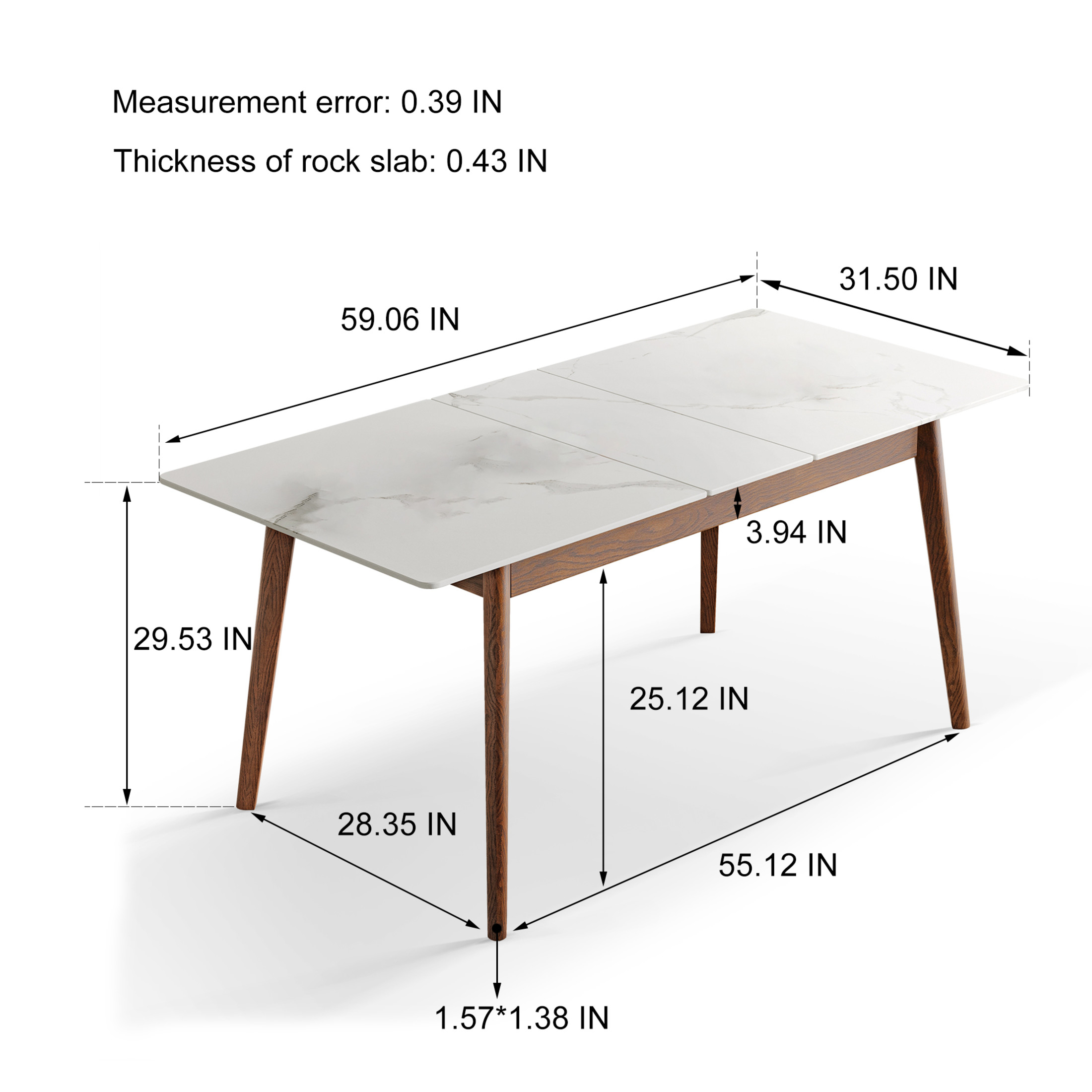 Walnut Solid Oak Dining Table with White Slate Top, Round Corner and Diagonal Legs, Telescopic Extendable 1.2-1.5m Table for 6-8 People, Adjustable Length, Walnut + White