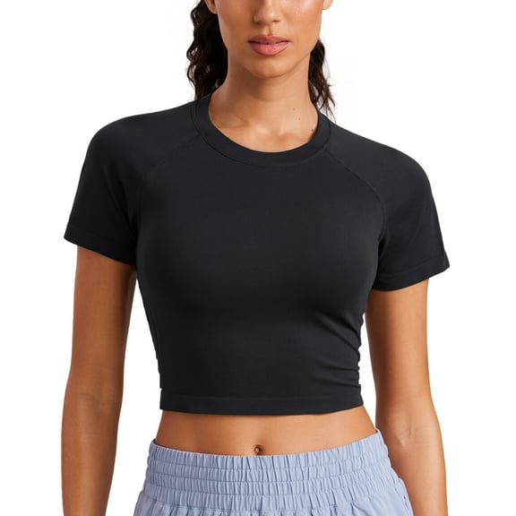 CRZ YOGA Seamless Crop Workout Tops for Women Athletic Running Gym Yoga Short Sleeve Shirts Basic