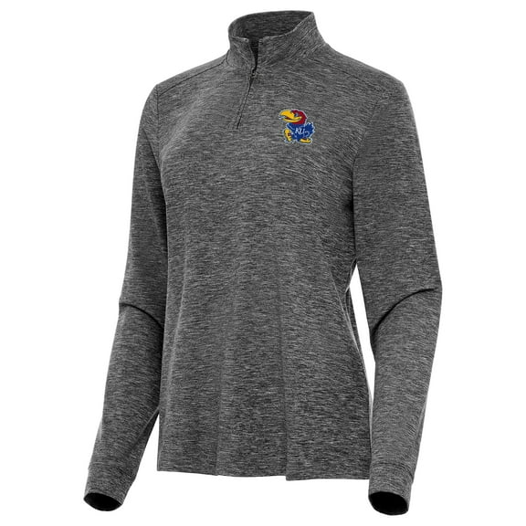 Women's Antigua  Heather Black Kansas Jayhawks Mentor Long Sleeve Quarter-Zip Mock Polo