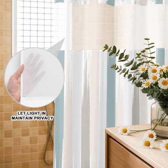 No Hook Shower Curtain with Built-in Rings - Beige Green Abstract Brushes Washable Waterproof Fabric Bathroom Curtains for Hotel,Rentals, 66 X 72 Inch Long , Modern Minimalist Striped