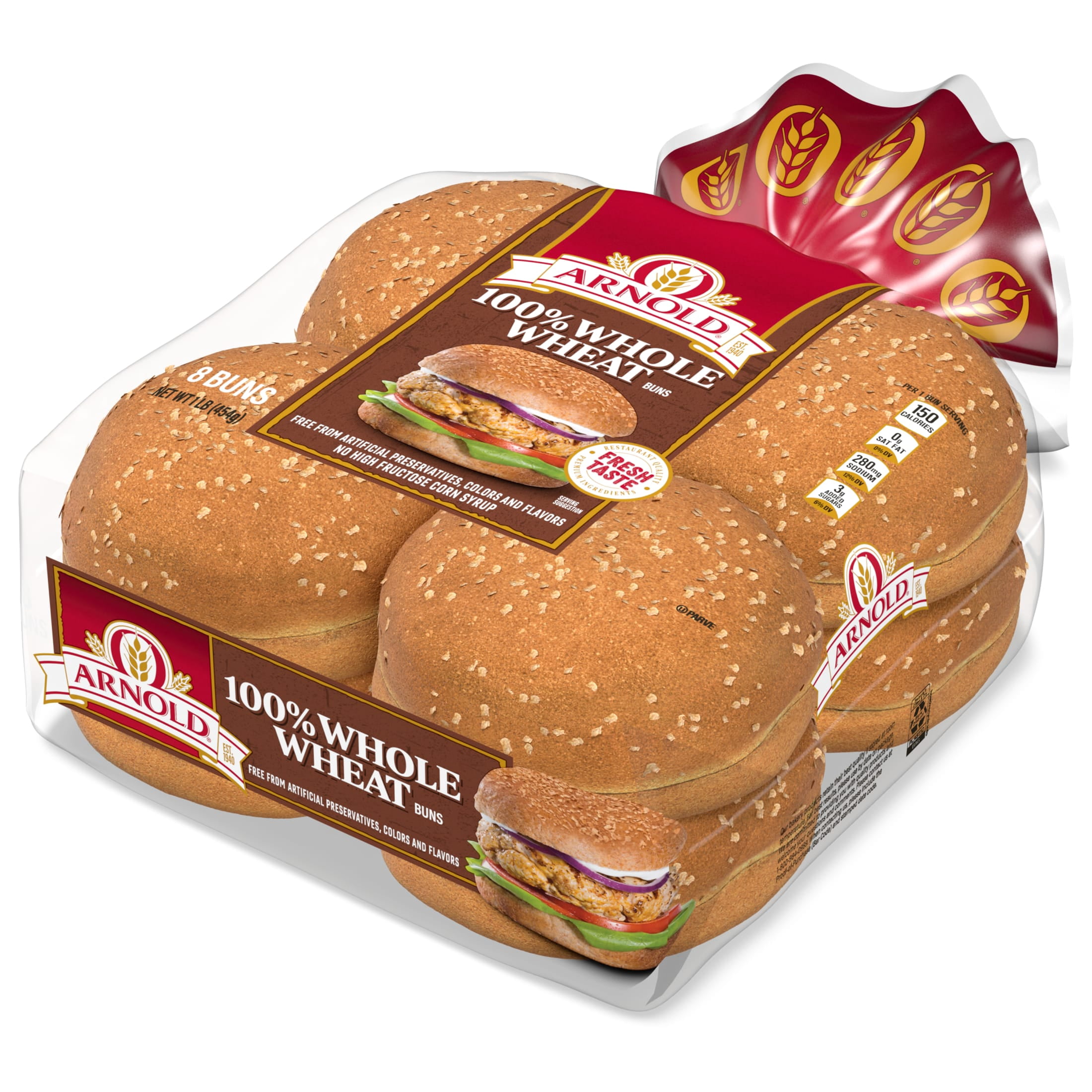 Arnold Whole Wheat Buns, 8 count, Hamburger Buns, 16 oz Bag