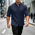 thumbnail image 4 of Men Mandarin Collar Frog Button Linen Button Up Shirt, 3/4 Sleeve Loose Casual Top with Pockets for Summer Vacation Daily Wear Navy M, 4 of 9