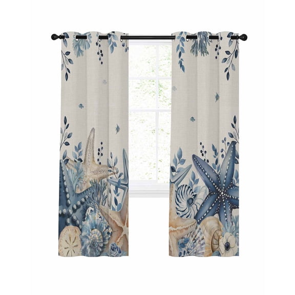 Coastal Blackout Curtains for Bedroom Living Room, Ocean Blue Beige Starfish Shells Leaves Retro Linen 63 In Long Thermal Insulated Room Darkening Drapes Grommet Window Treatments, 42 x 63 In