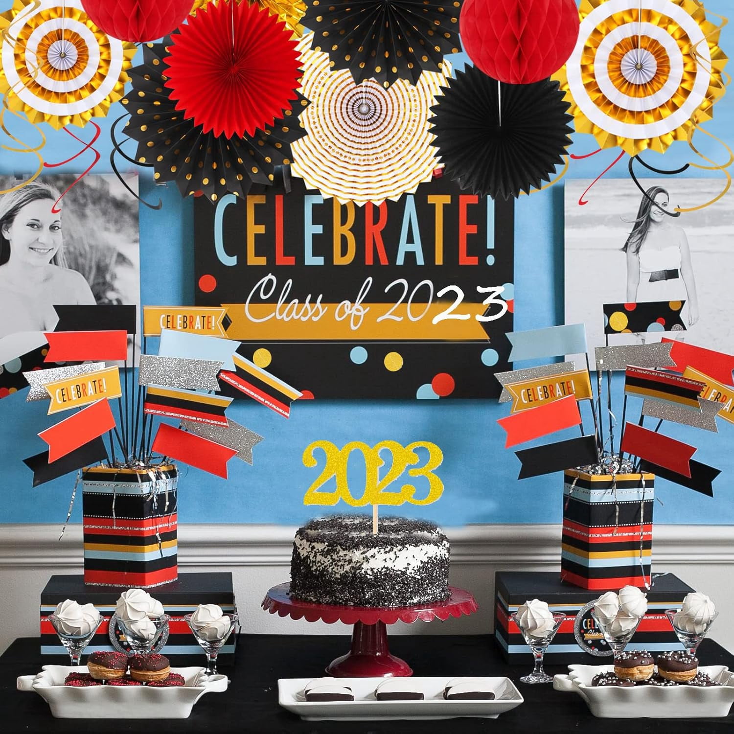 NestE Red Black-Gold Casino Theme Party-Decorations - 33pcs Kits Game Night Graduation Banner, StreamersTassel Garland,Tissue Pom Poms Honeycomb, Paper Lantern Fans,Wedding Birthday Baby Shower Decor