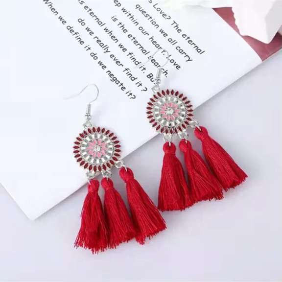 HOOUN Fashion Women Jewelry Boho Cotton Tassel Earrings Catcher Style Stud Hook-Red
