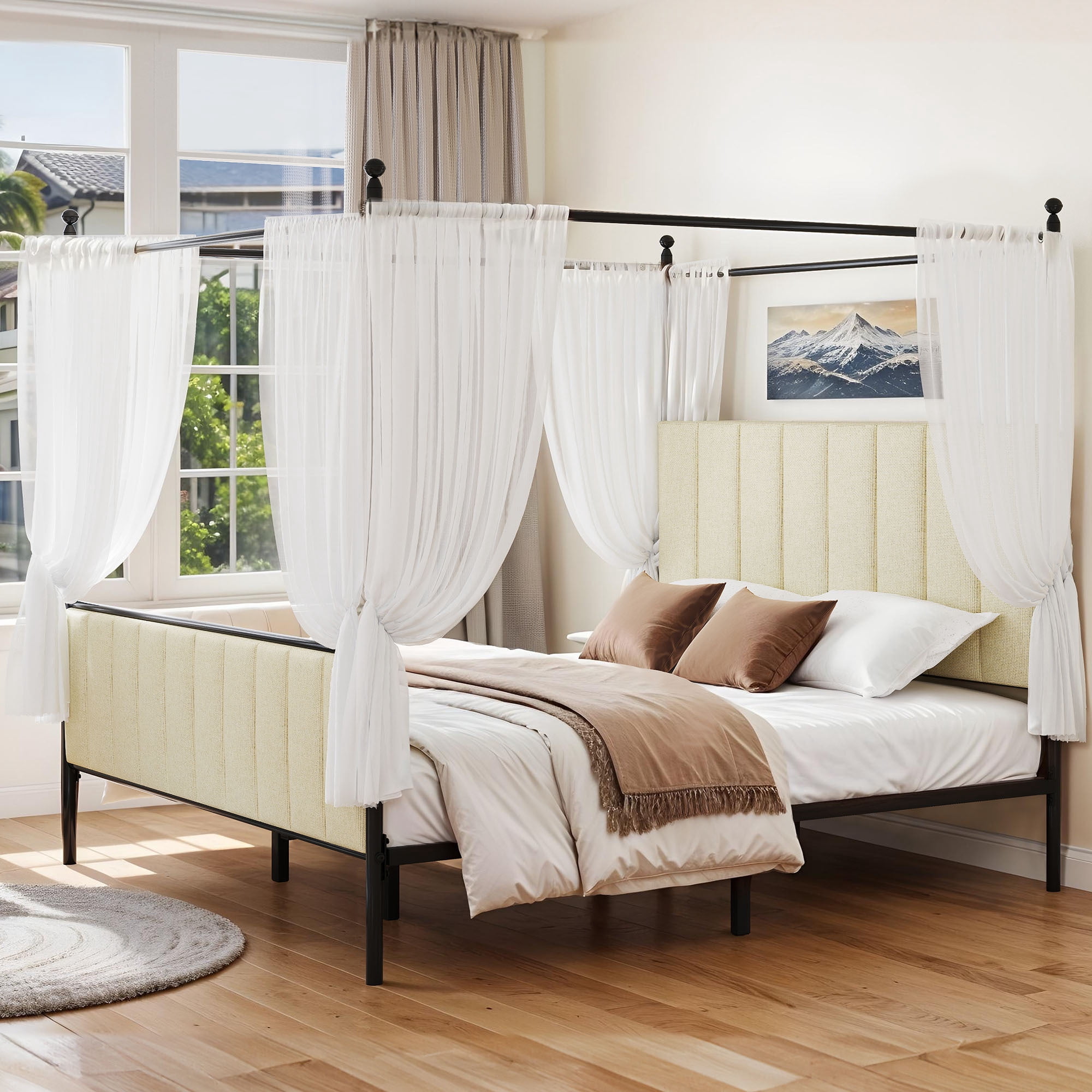 Uforic King Upholstered Metal Canopy Bed with Adjustable Platform Frame, Cushioned Headboard & Footboard, Beige