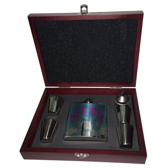 KuzmarK 6 oz. Stainless Steel Flask Set in Rose Wood Presentation Box -  New York Manhattan