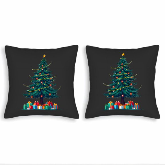Set of 2 18x18in Throw Pillow Covers with festive Christmas tree design vibrant red and yellow ornaments perfect for couch bed or car