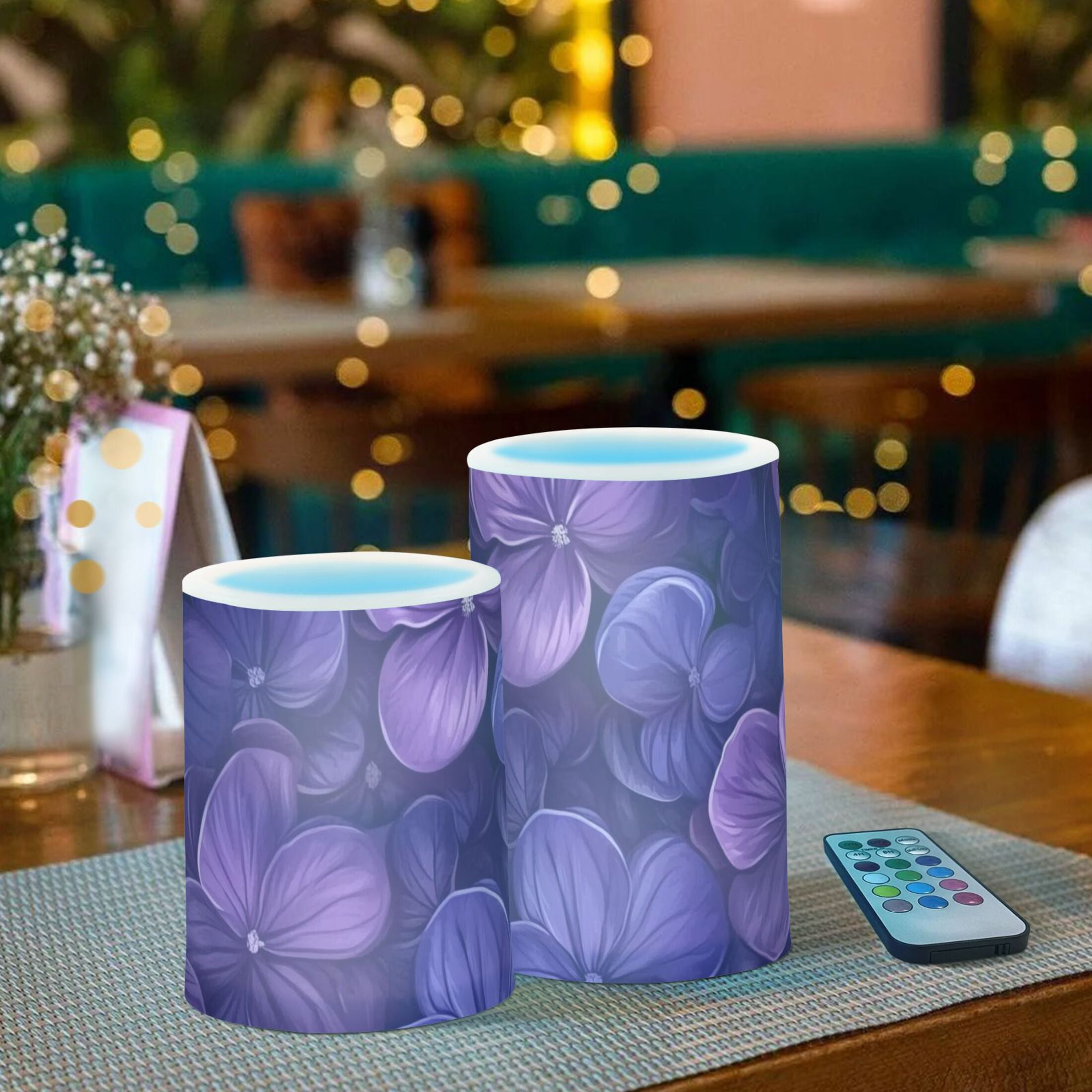 Dark Purple Flowers Flickering Flameless Candles Battery Operated with Remote Timer LED Pillar Candles Set of 2