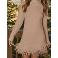 thumbnail image 2 of Womens Long Sleeve Sweater Dress Casual Ribbed Knit Pullover Tassel Fall Short Dresses Khaki L, 2 of 4