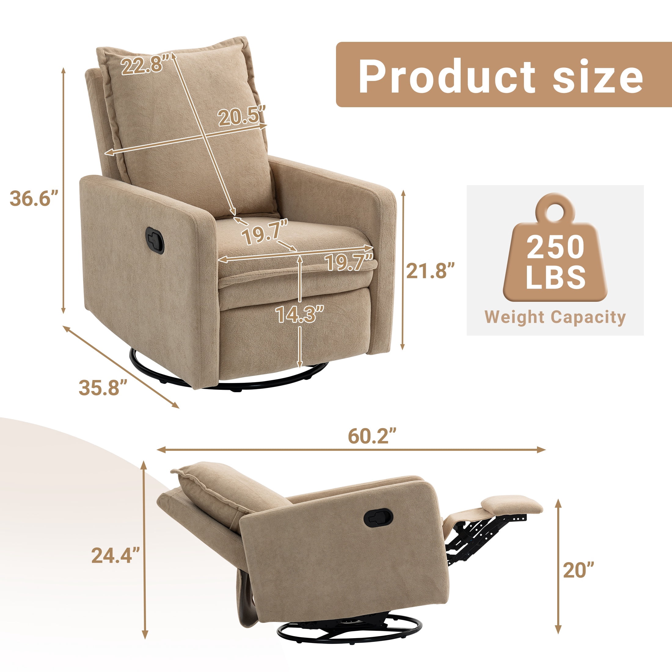 HSUNNS 360° Swivel Rocker Recliner for Adults, Small Rocking Recliner for Small Spaces, Glider Recliner for Nursery, Rocking Chair , Manual Recliner Chair for Living Room, Bedroom, Camel