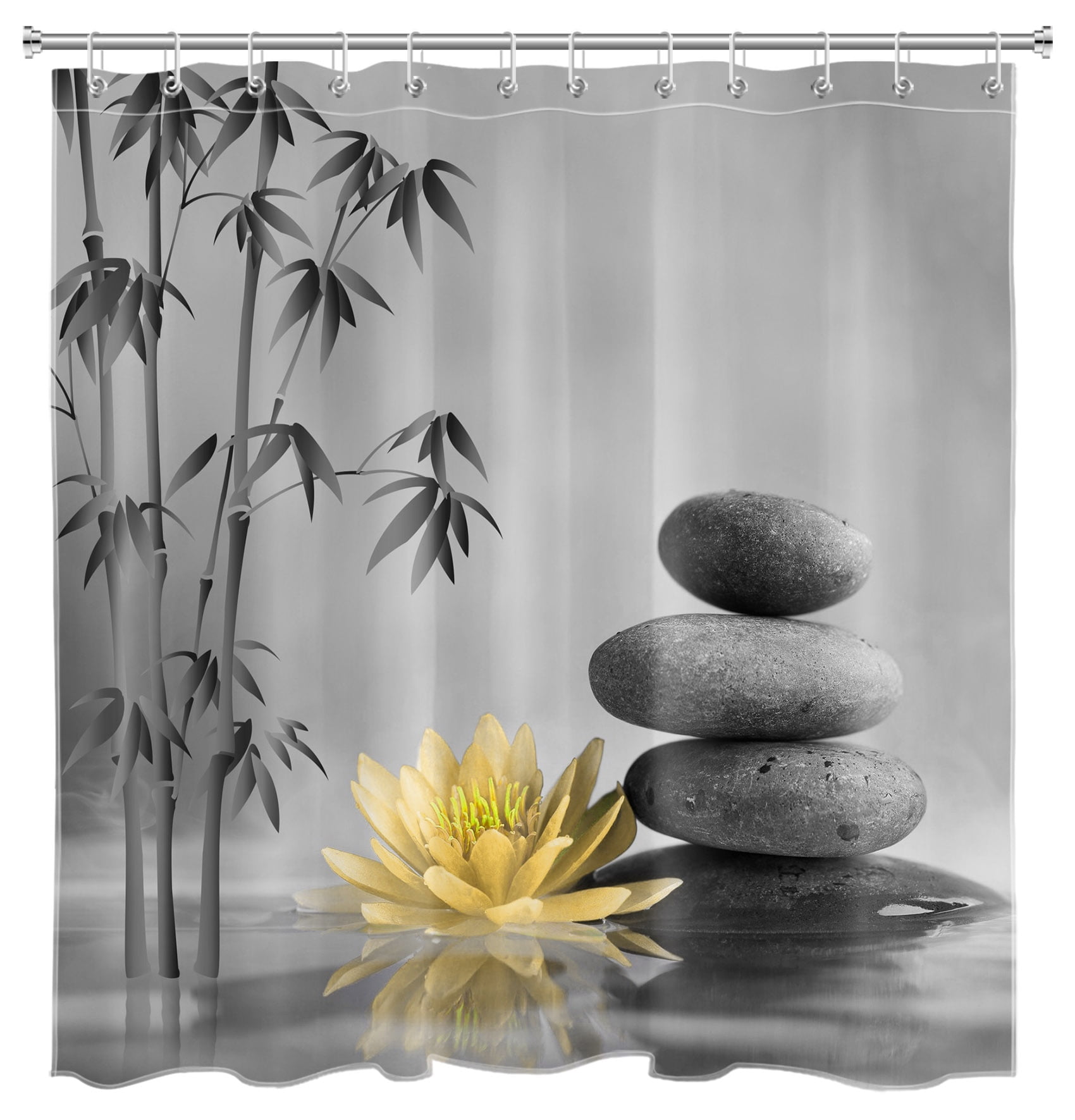 Zen Garden Shower Curtain for Bathroom Yellow Flower Spa Stones Bamboo Tree on the Water Relaxation Theraphy Peace Shower Curtain Polyester Fabric Bathroom Shower Curtain with 12 Hooks, 72x78 Inches