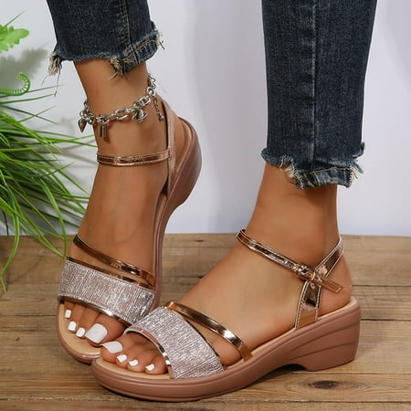 

Zpanxa Slippers for Women Summer Wedge Open Toe Buckle Sandals Women s Platform Sandals Flip Flops for Women Gold 43